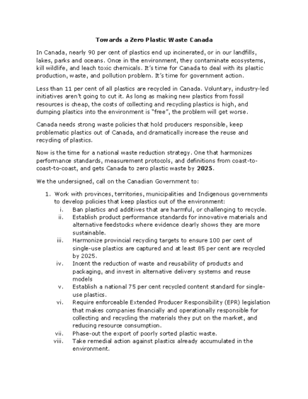 Declaration: Towards a Zero Plastic Waste Canada
