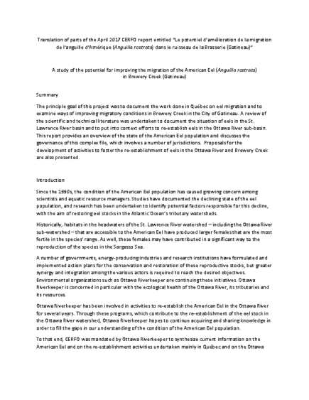 Translation of parts of the April 2017 CERFO report entitled “Le potentiel d’amélioration de la migration de l’anguille d’Amérique (Anguilla rostrata) dans le ruisseau de la Brasserie (Gatineau)”