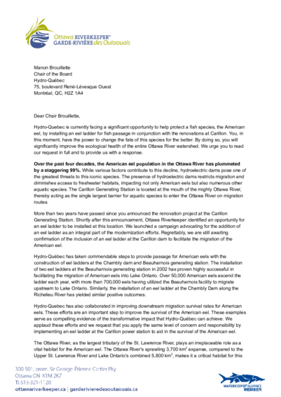 Open letter to Hydro-Québec about an eel ladder for Carillon