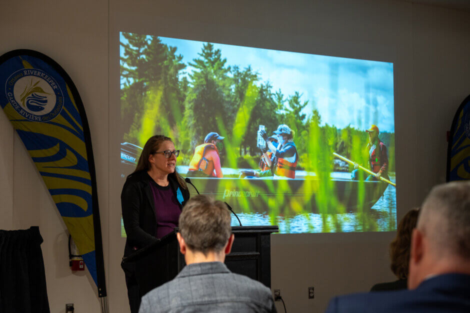 Larissa Holman, Director of Science and Policy at Ottawa Riverkeeper, speaks to the audience at the 2023 Annual Public Meeting. 
