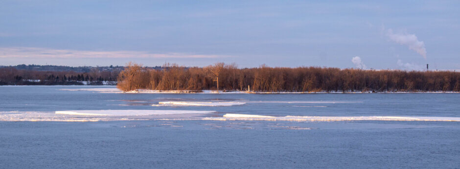The Ottawa River between the NCC River House and Kettle Island, showing only some few patches of ice.