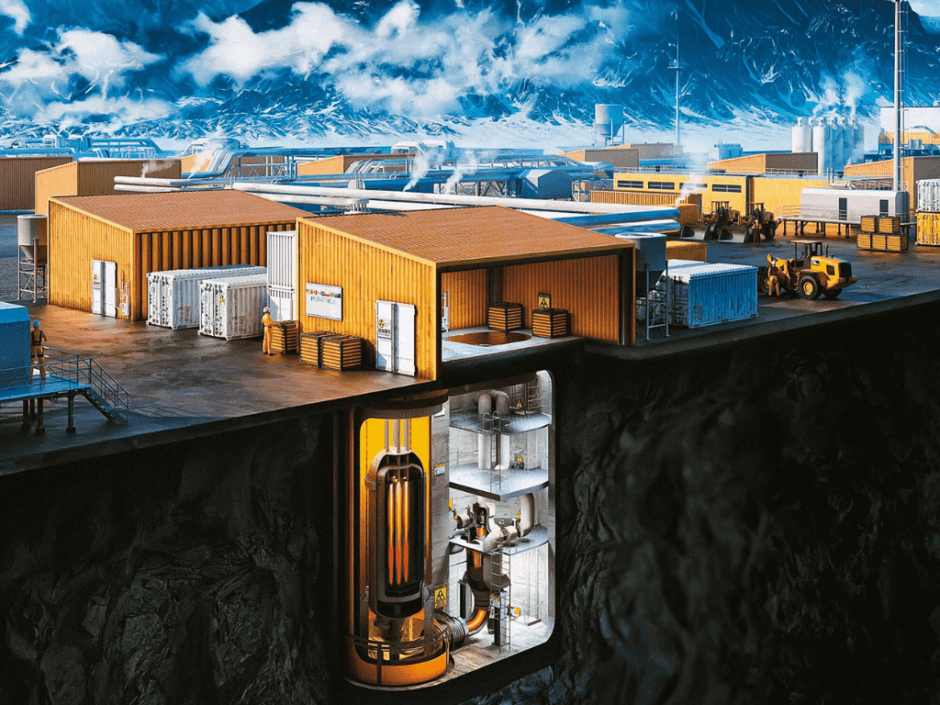 Coupe transversale d'un bâtiment d'aspect industriel dans un paysage enneigé. La coupe transversale montre le grand réacteur cylindrique, qui s'élève à quatre étages sous terre. 