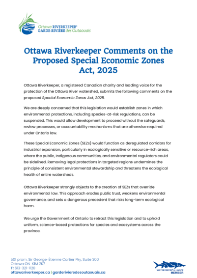 Ottawa Riverkeeper Comments on the Proposed Special Economic Zones Act, 2025