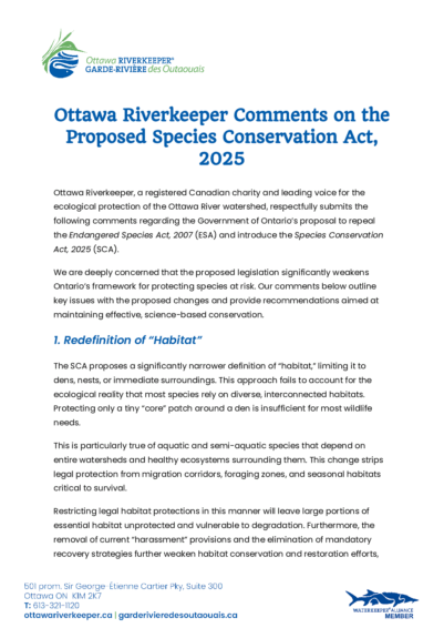 Ottawa Riverkeeper Comments on the Proposed Species Conservation Act, 2025